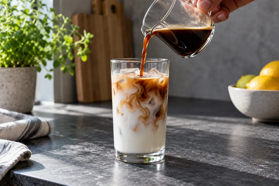 Kaffe helles over melk og isbiter i et glass.